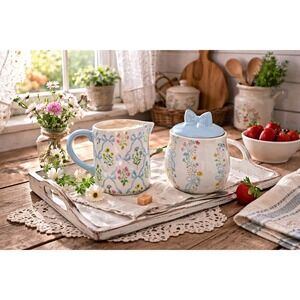 Blue Bows & Floral Creamer Pitcher And Matching Sugar Bowl Viral spring decor